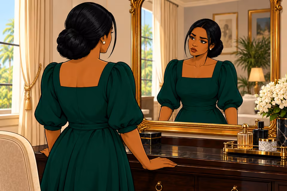 Cartoon illustration: Amaka stands before her mother’s old mirror.