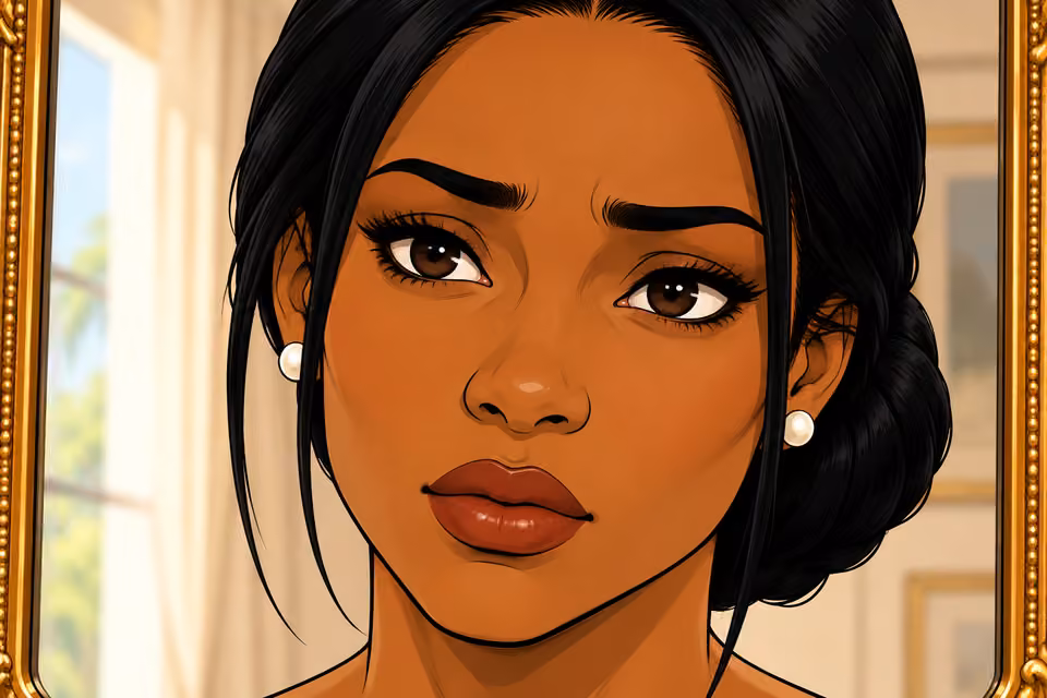 Cartoon illustration: Amaka simply stares at her reflection.