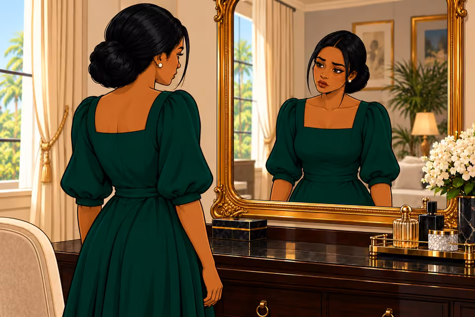Cartoon illustration: Her reflection begins to look tired.