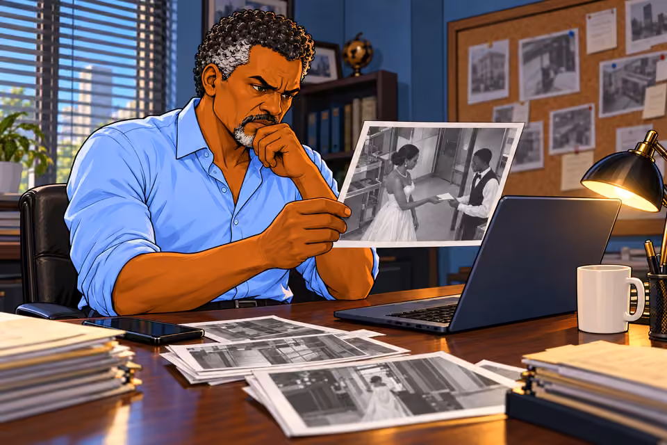 Cartoon illustration: Musa receives the photographs sent to Chuka.