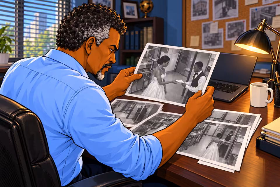 Cartoon illustration: The images are grainy kitchen security screenshots.