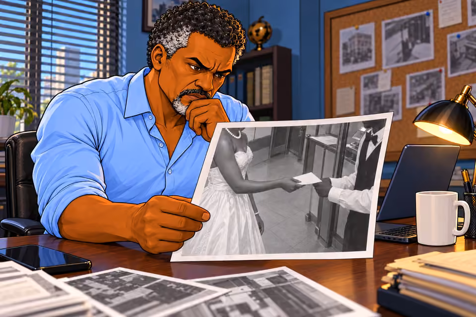 Cartoon illustration: A still shows Amaka handing a waiter a white envelope.