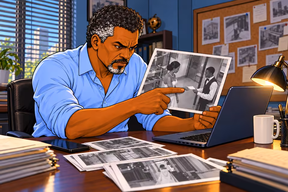 Cartoon illustration: The photograph brings Musa closer to the truth.