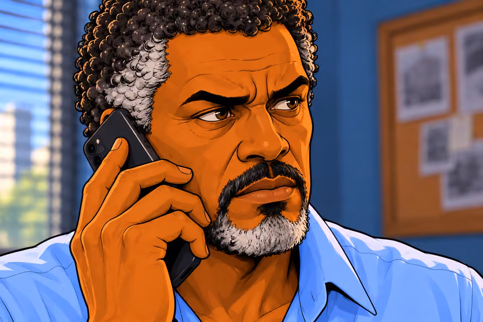 Cartoon illustration: The technician asks whether Musa is still chasing ghosts.