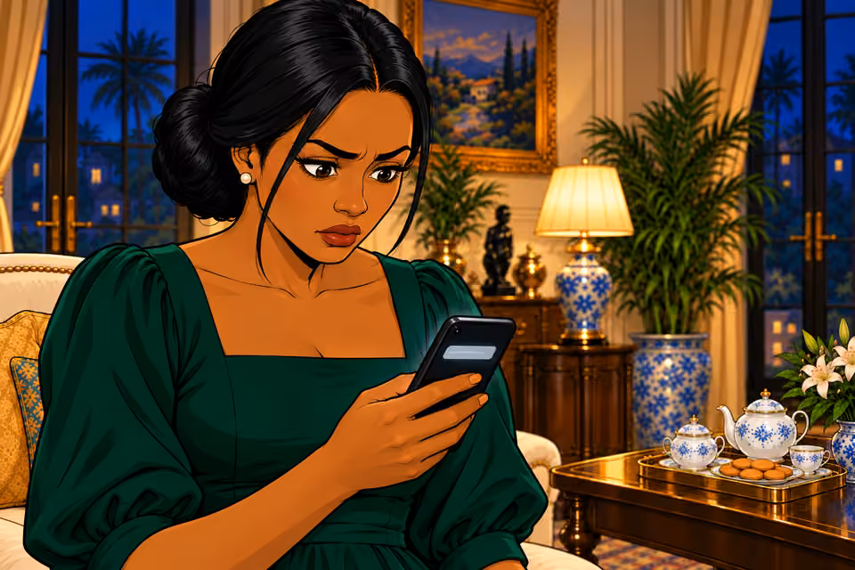 Cartoon illustration: The message warns that her carefully held image is cracking.
