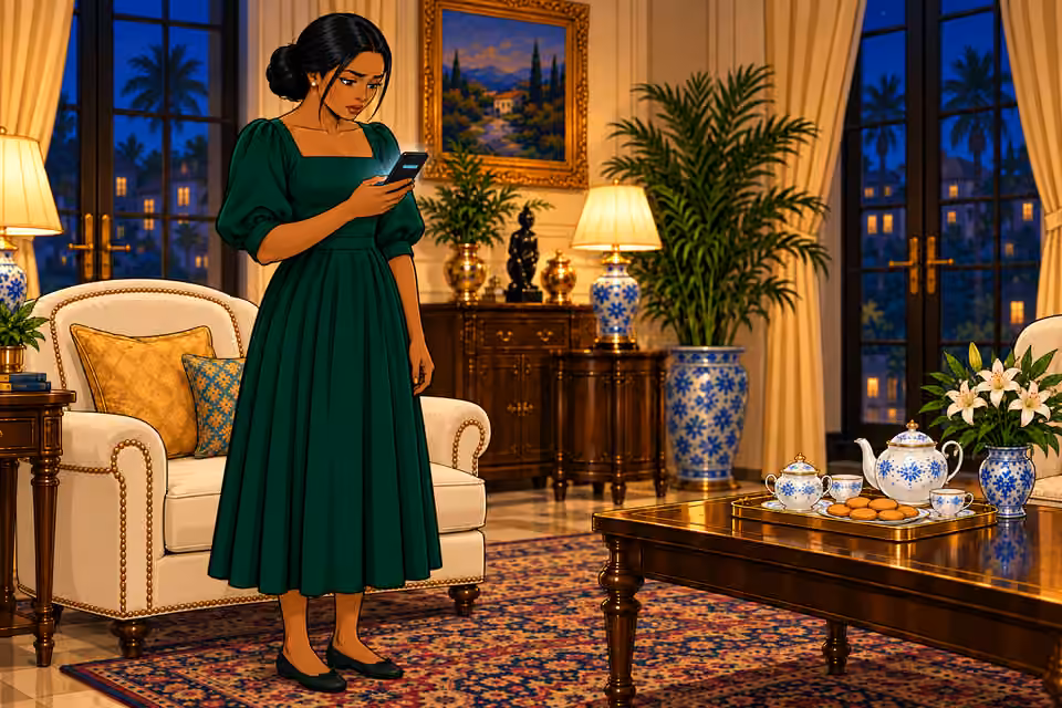 Cartoon illustration: Amaka stares at the message for a full minute.