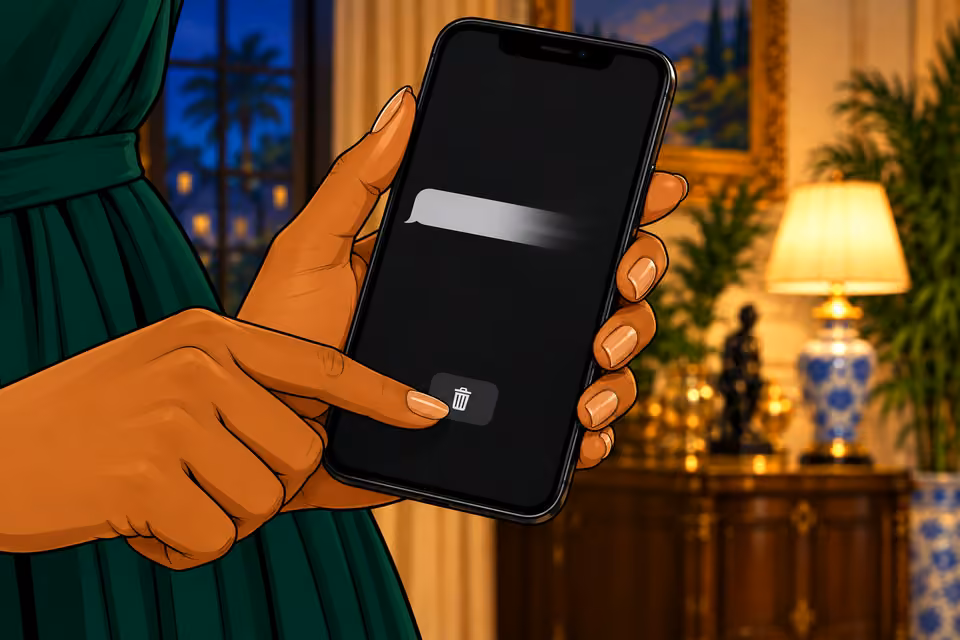 Cartoon illustration: She deletes the message.