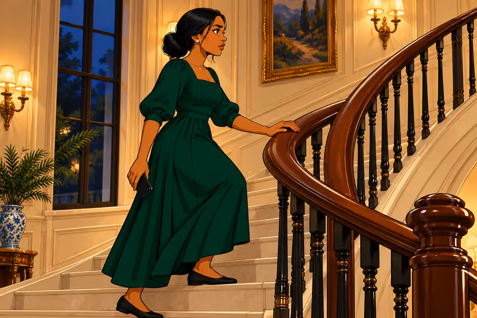 Cartoon illustration: Amaka walks upstairs.
