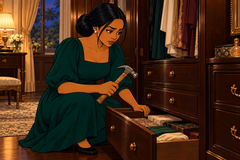 Cartoon illustration: She takes a hammer from the bottom drawer.