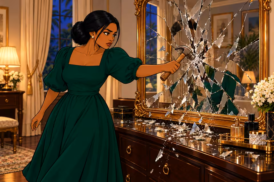 Cartoon illustration: Amaka smashes her mother’s grand mirror.