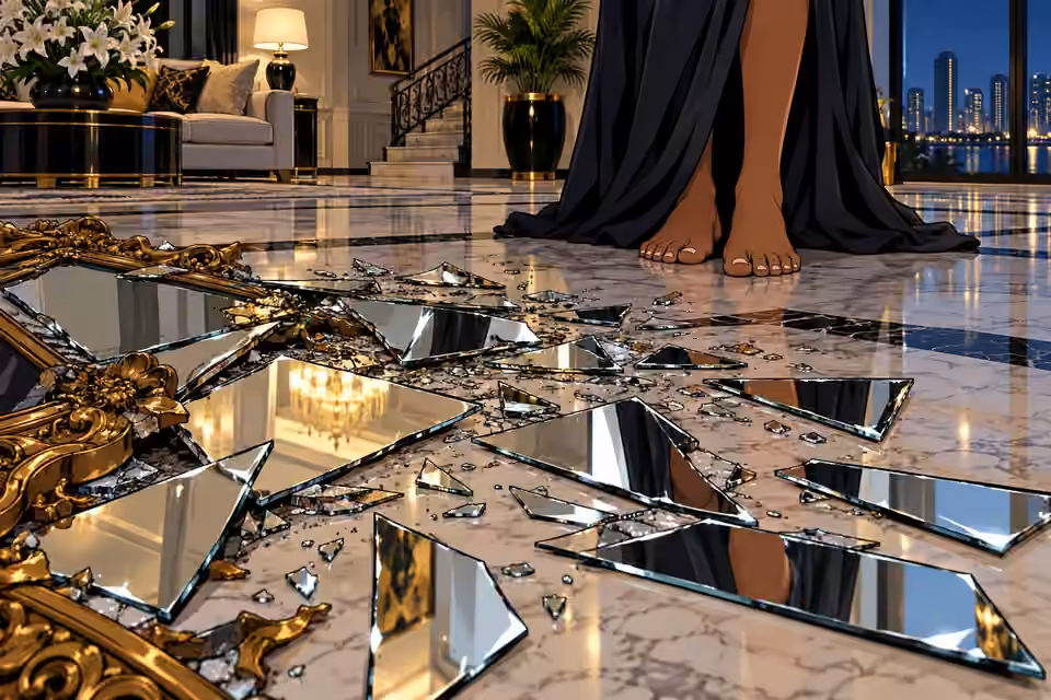 Shards of a shattered mirror glitter across marble near Amaka's bare feet.