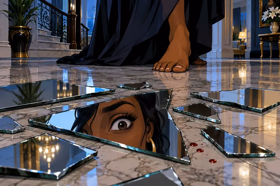 A mirror shard reflects Amaka's eye beside a few drops of blood on the marble.