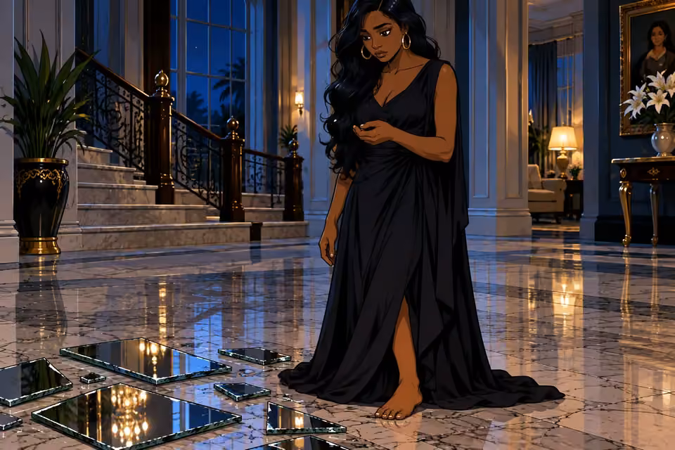 Amaka notices a small cut while standing beside the shattered mirror.