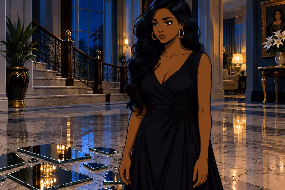 Amaka stands numb beside the broken mirror, barely aware of the small cut.