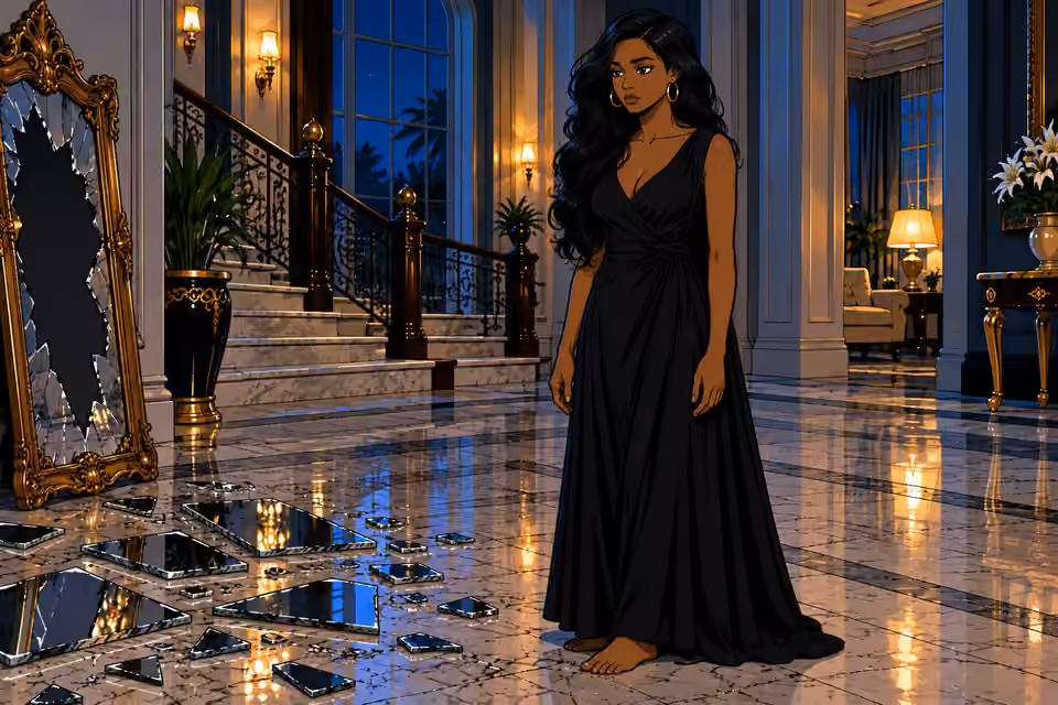 Amaka stands motionless beside the shattered mirror.