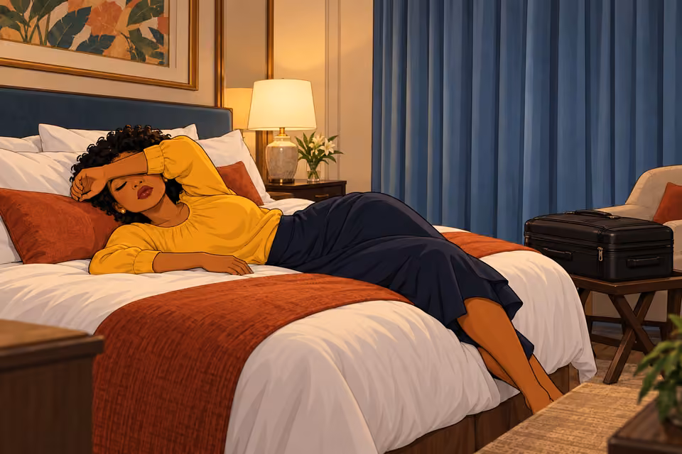 Uju retreats into an unfamiliar hotel room.