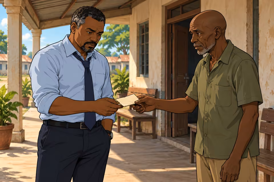 A caretaker gives Musa a note left the previous week.
