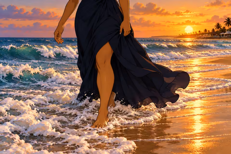 The surf curls around her ankles.
