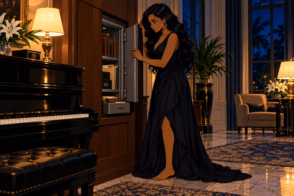 Amaka opens the secondary safe behind the piano wall.