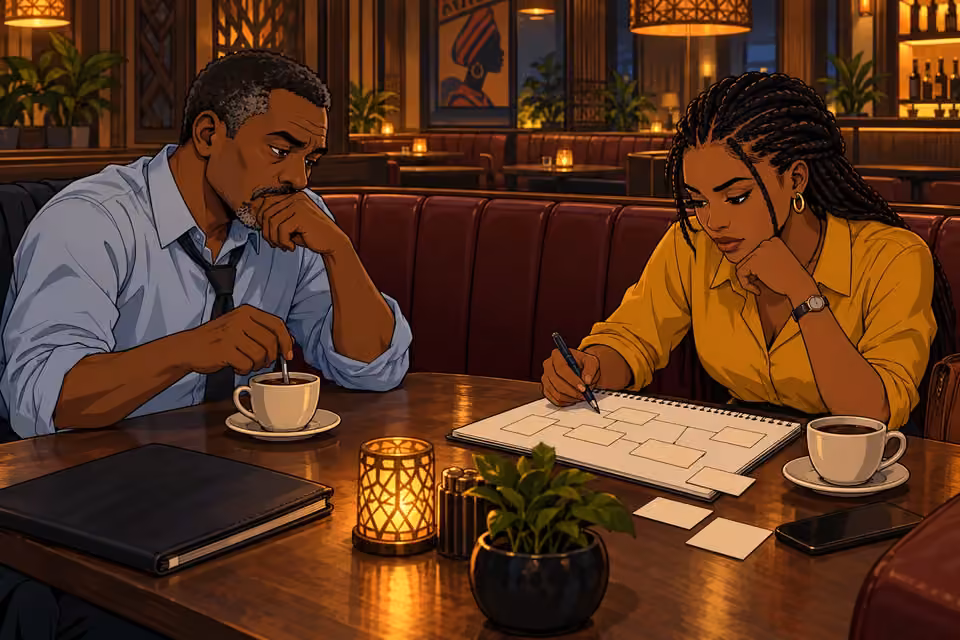 Musa stirs untouched coffee while Aisha examines her notebook in a quiet lounge.