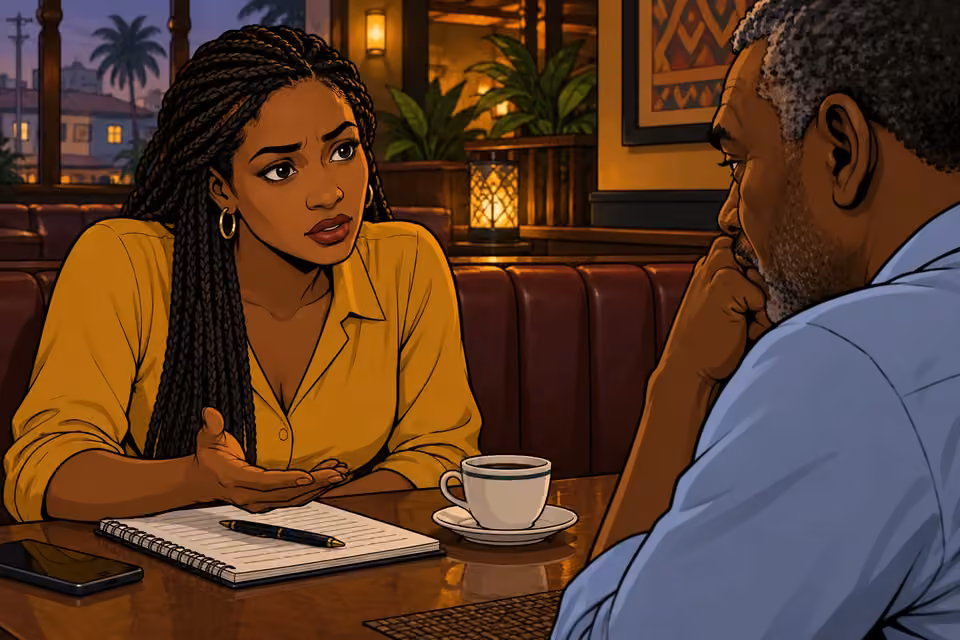 Aisha explains the carefully controlled public narrative as Musa listens.