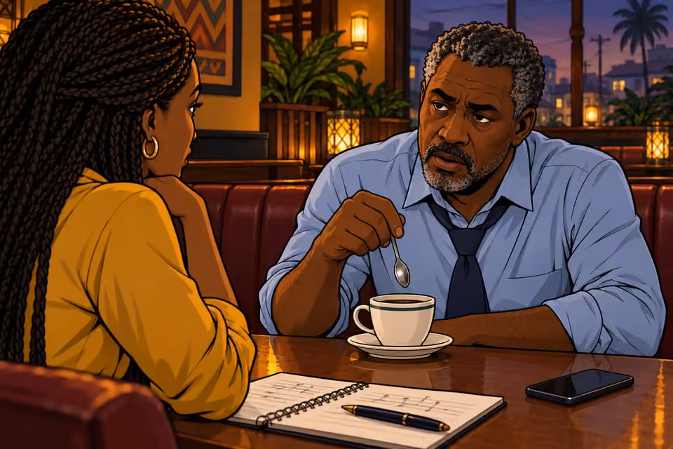 Musa responds quietly to Aisha across the lounge table.