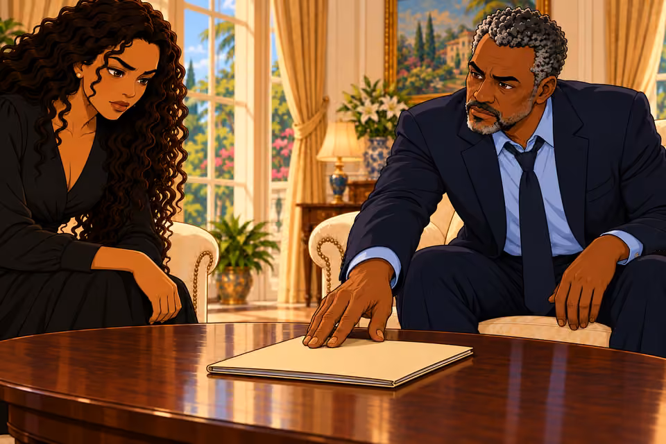 He puts the evidence file on the table.
