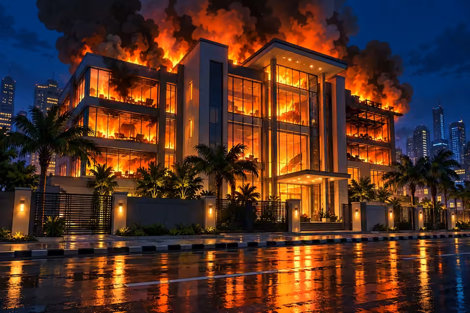 Flames and smoke engulf the foundation headquarters at night.