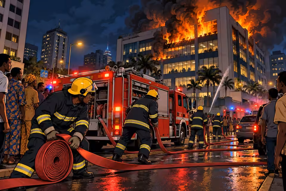 Fire crews unroll hoses after arriving late at the burning foundation building.