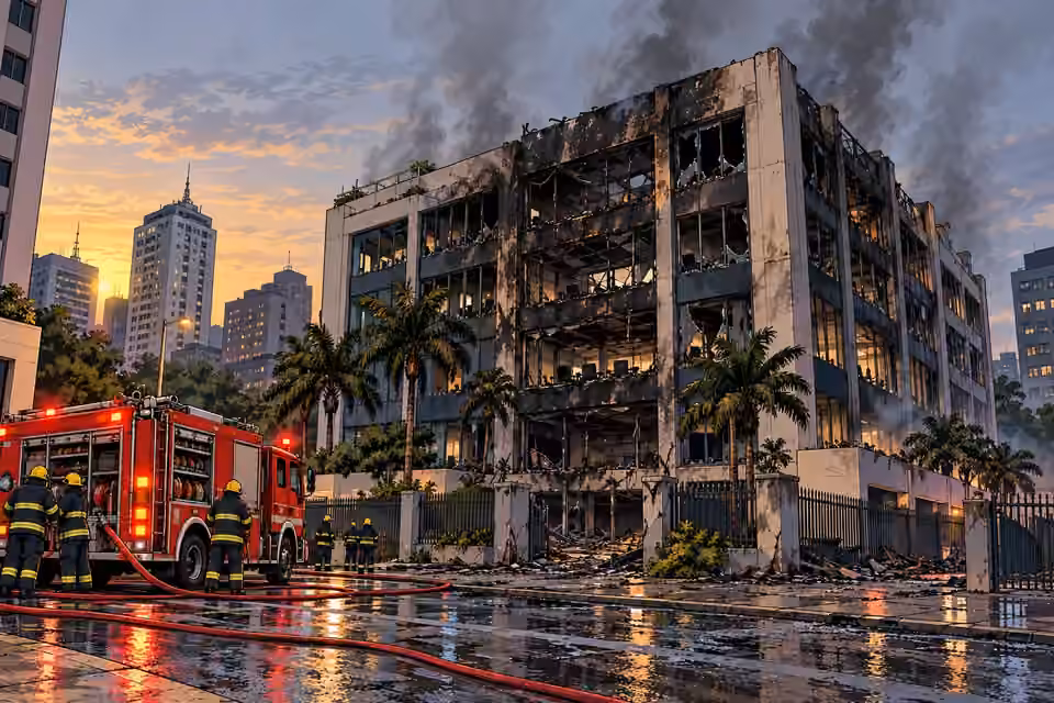 Smoke rises from the blackened foundation headquarters at dawn.