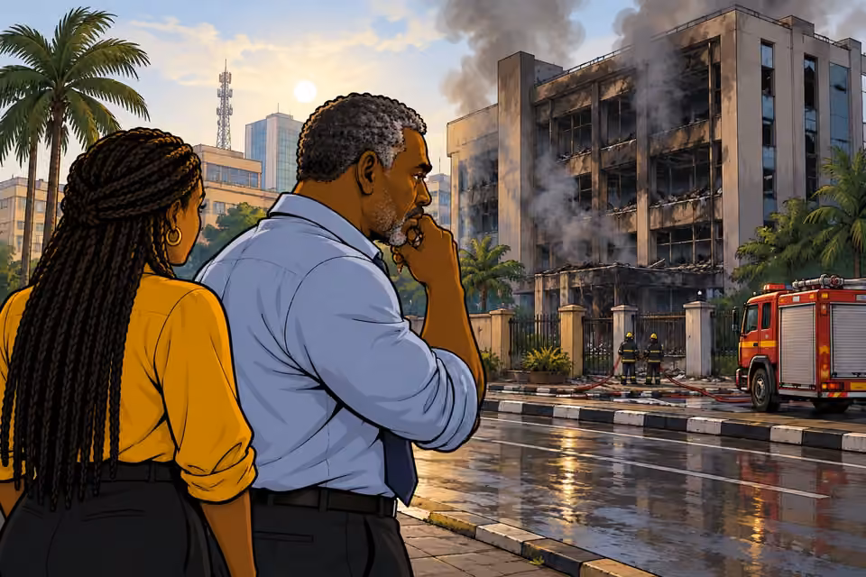 Musa watches smoke rise from the ruined Foundation headquarters.