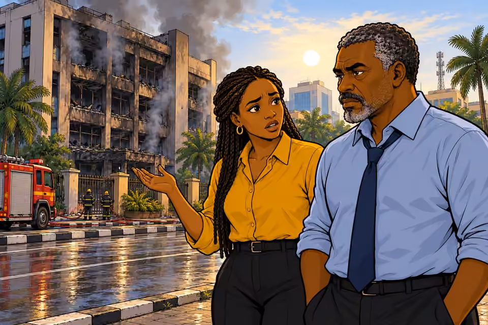 Aisha turns to Musa beside the smoldering Foundation ruins.
