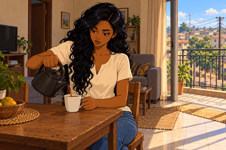 Amaka pours herself tea in a rented Abuja apartment.