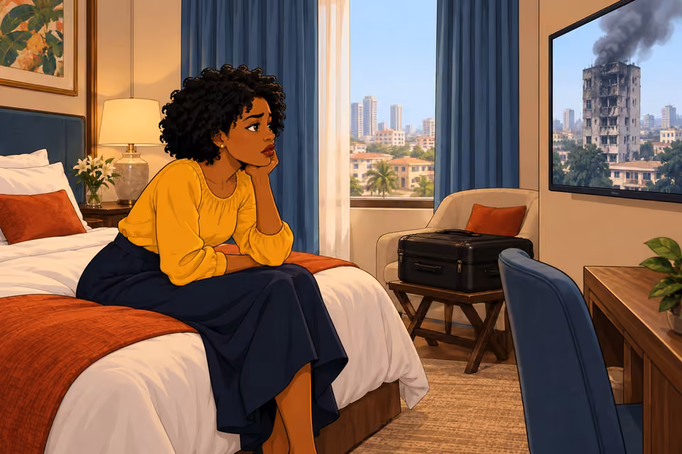 Uju follows the news from her Accra hotel.