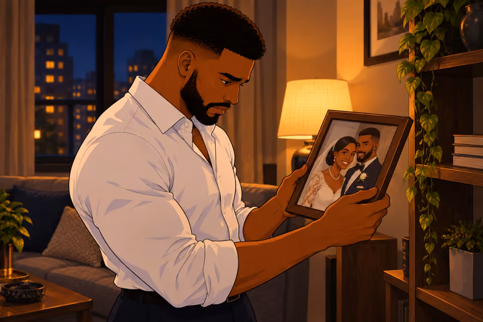 He takes down the wedding photograph.
