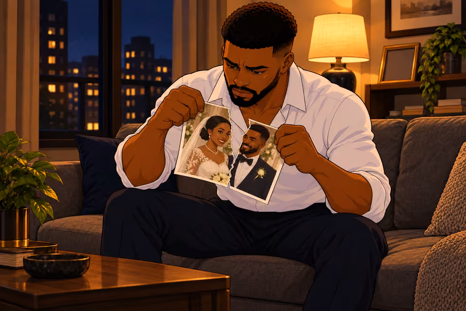 He tears the photograph in two.