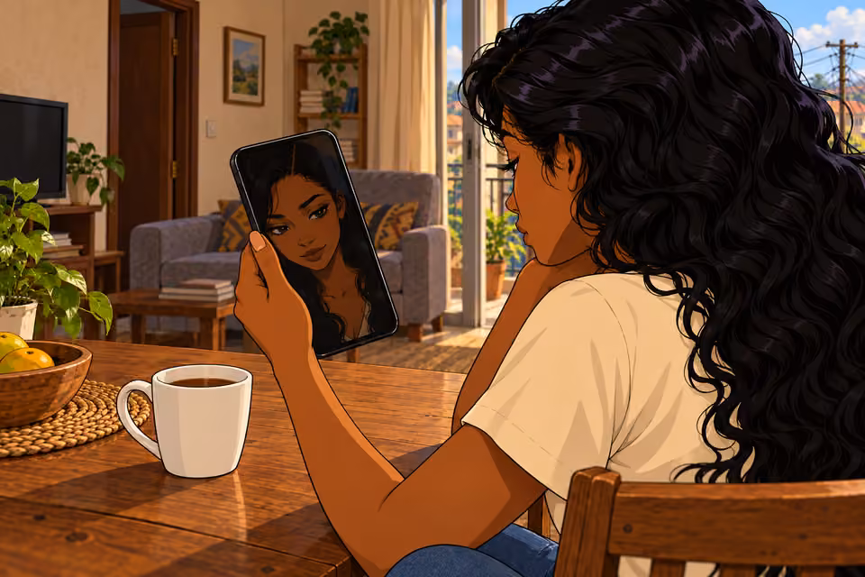 A small smile appears only in the reflection.