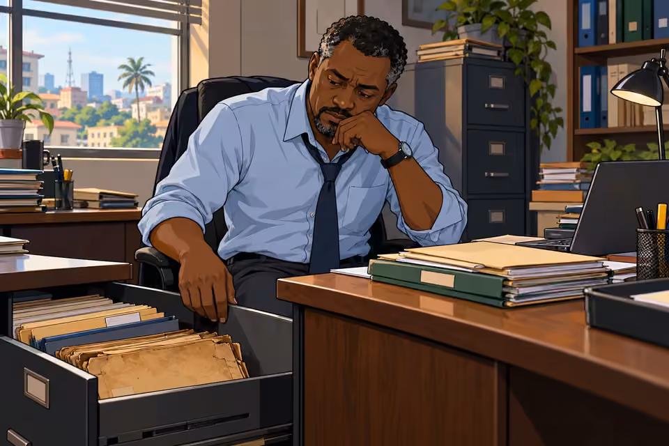 In his new office, Musa pauses over an old file kept in his desk drawer.
