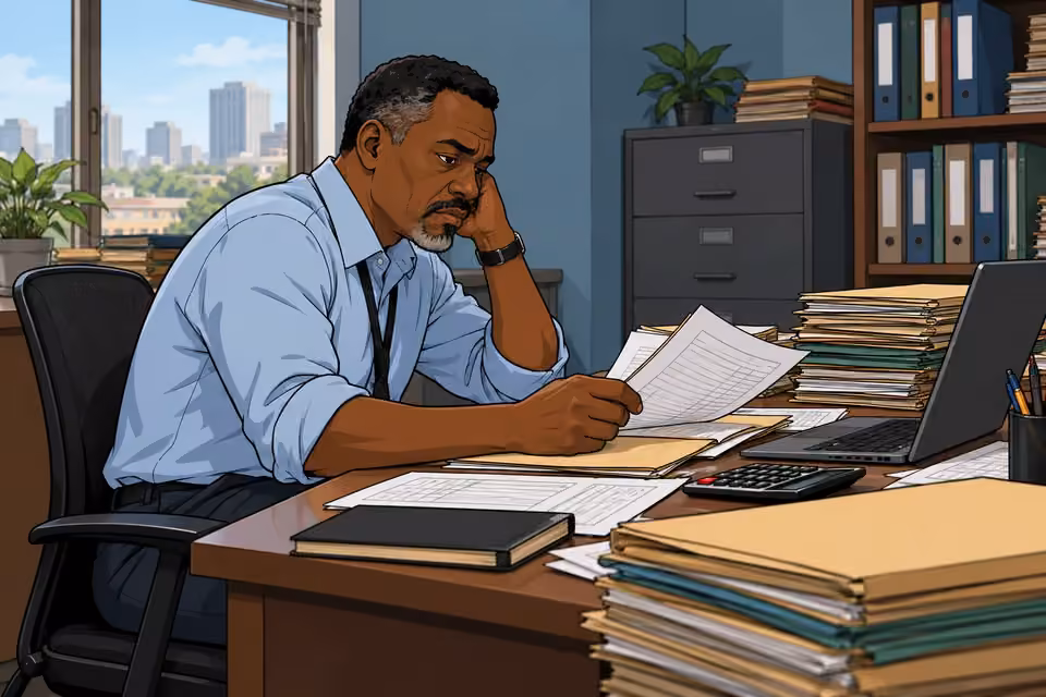 Musa sorts routine financial-crime cases with a distracted expression.