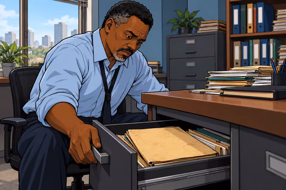 Musa looks at the old case folder still kept in his desk drawer.