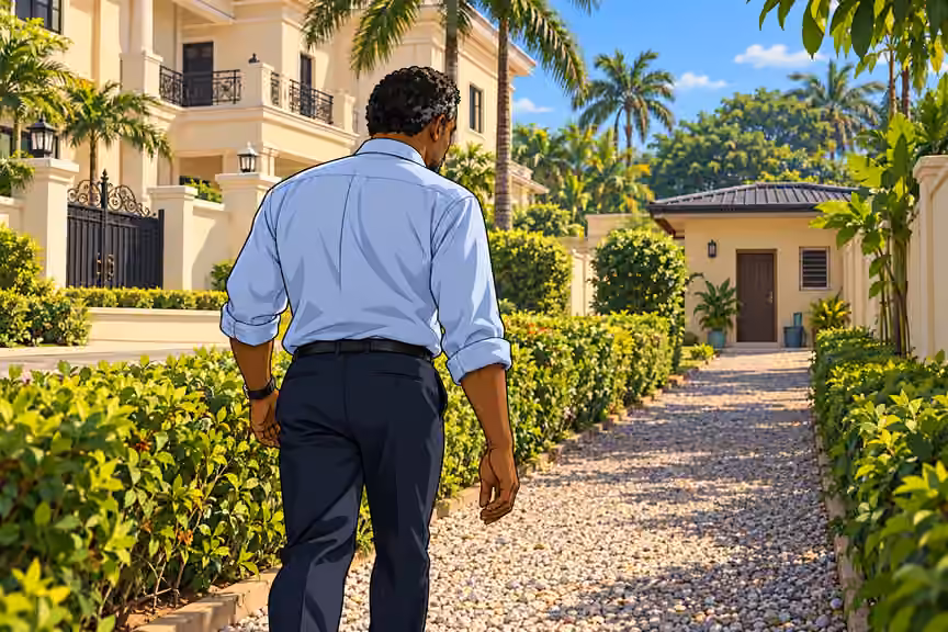 He heads toward the servant quarters.