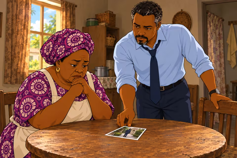 He puts a still photograph on the table.