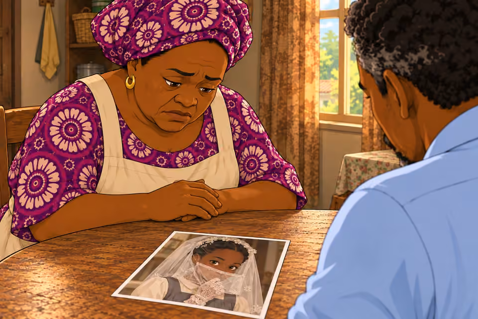 Mama Tutu looks down.
