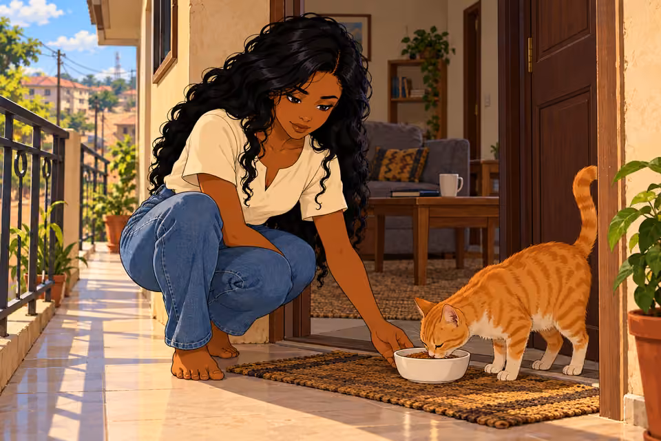 She feeds the stray cat outside her door.