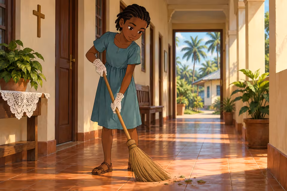 Adaeze sweeps the orphanage hallway.