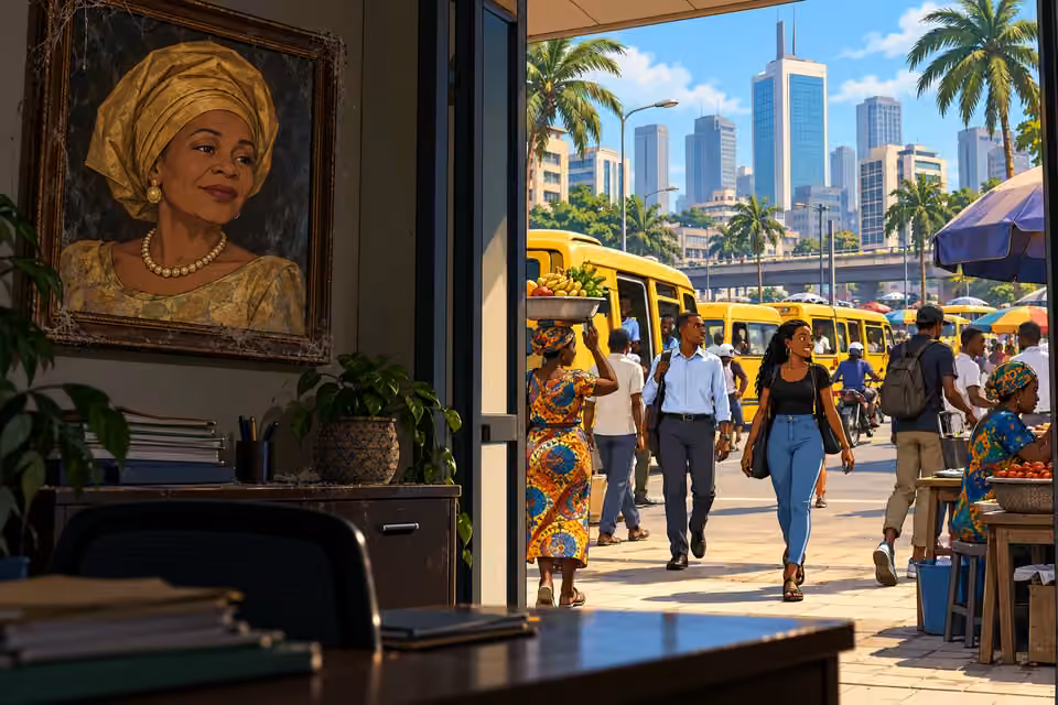 A dusty portrait of Agnes overlooks an office doorway as Lagos bustles outside.