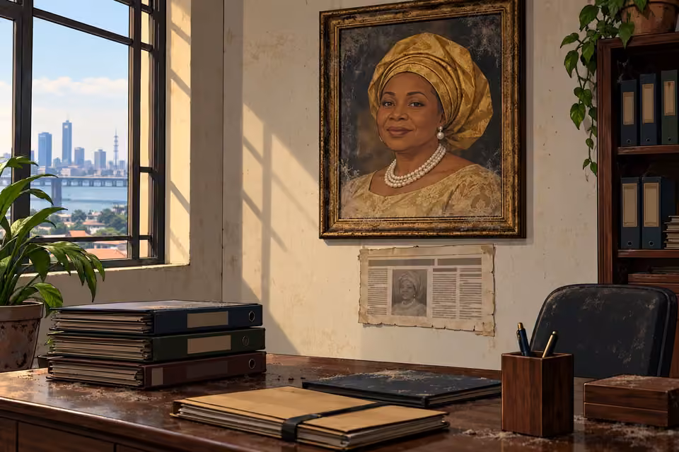 Agnes's dusty portrait and an old newspaper clipping remain in an empty nonprofit office.