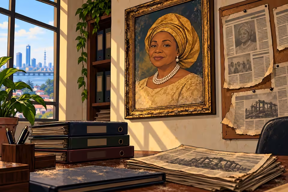 Agnes’s dusty portrait hangs above old newspaper clippings.