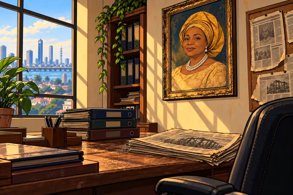 Agnes’s portrait hangs over an empty office and old newspapers.
