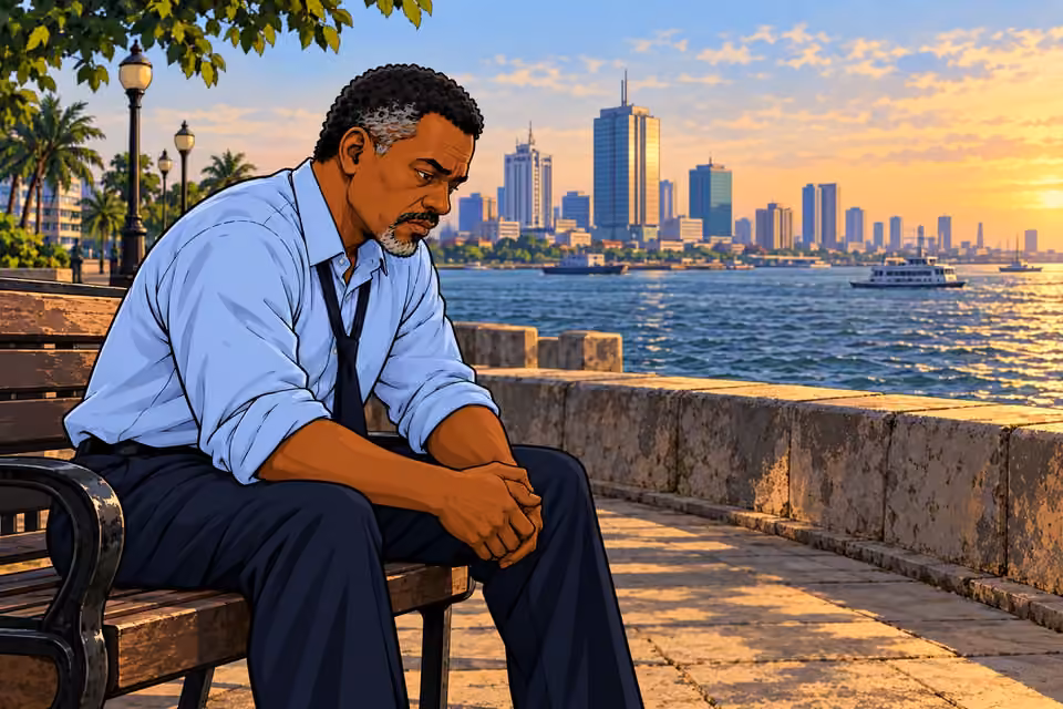 Musa sits alone on a bench overlooking the Lagos Marina.